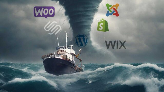 A ship at sea surviving a storm. A tornado at sea is behind the ship. The idea of website management is reflect by the WordPress, Joomla!, Shopify, Squarespace, Woo Commerce, and Wix logos.